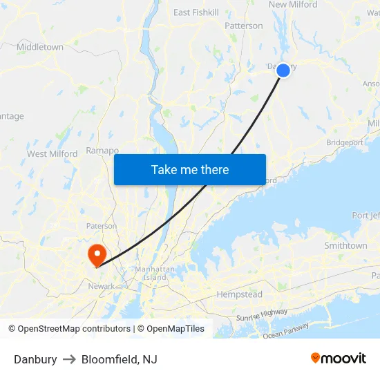 Danbury to Bloomfield, NJ map