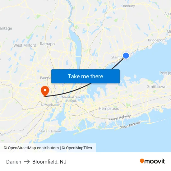 Darien to Bloomfield, NJ map