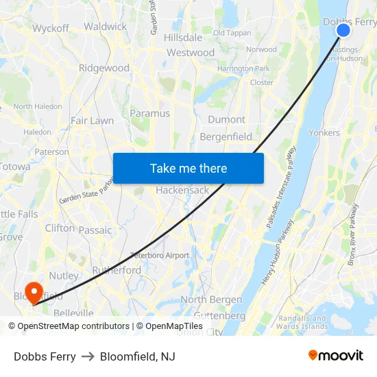 Dobbs Ferry to Bloomfield, NJ map
