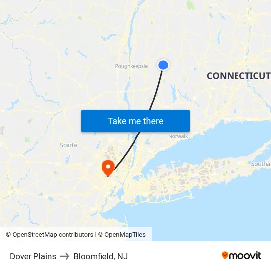 Dover Plains to Bloomfield, NJ map