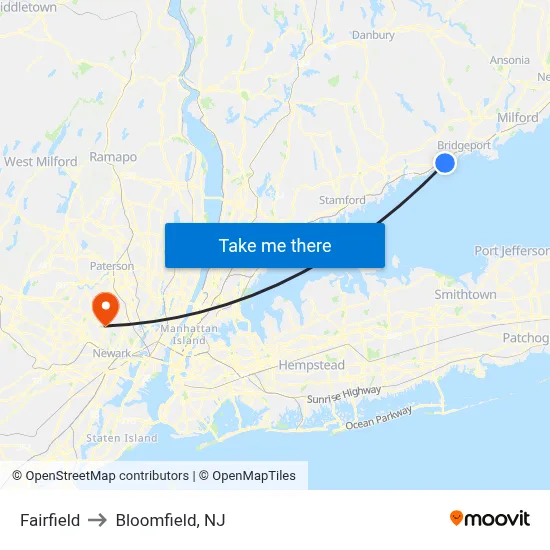 Fairfield to Bloomfield, NJ map