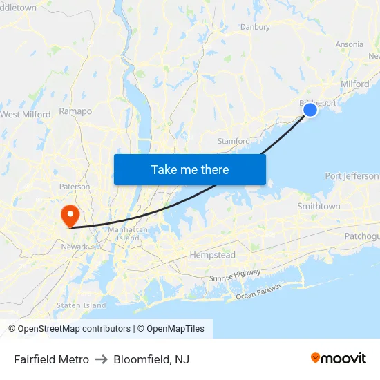 Fairfield Metro to Bloomfield, NJ map