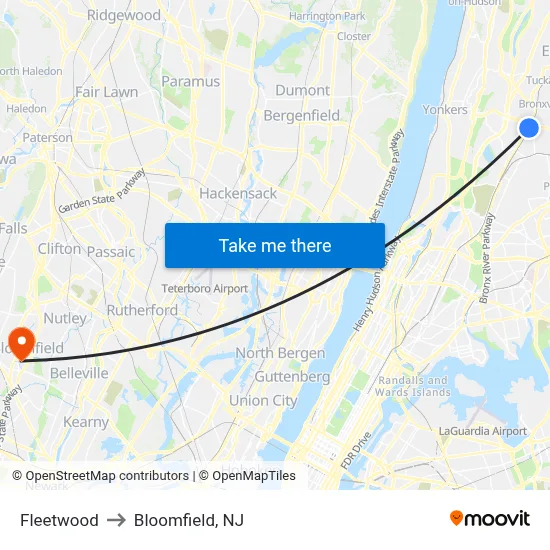 Fleetwood to Bloomfield, NJ map
