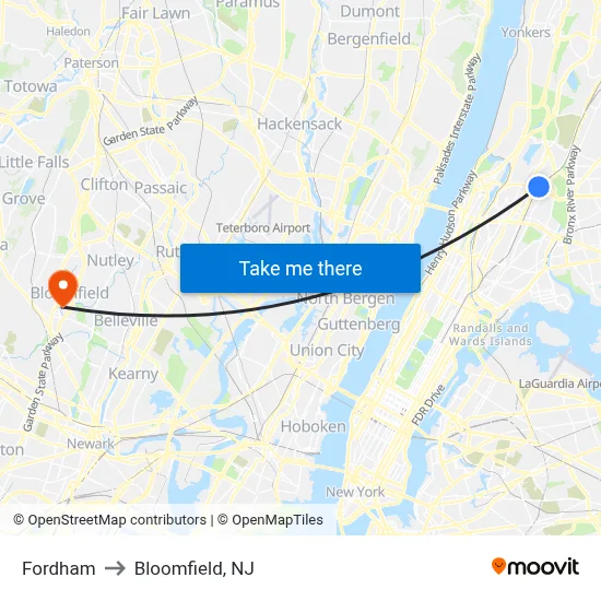 Fordham to Bloomfield, NJ map