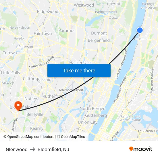 Glenwood to Bloomfield, NJ map