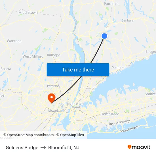 Goldens Bridge to Bloomfield, NJ map