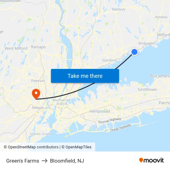 Green's Farms to Bloomfield, NJ map