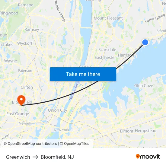 Greenwich to Bloomfield, NJ map