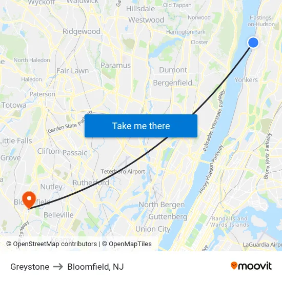 Greystone to Bloomfield, NJ map