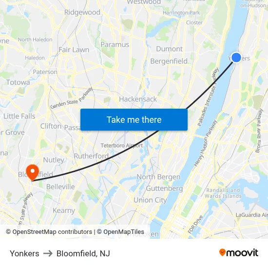 Yonkers to Bloomfield, NJ map