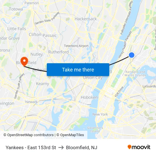Yankees - East 153rd St to Bloomfield, NJ map