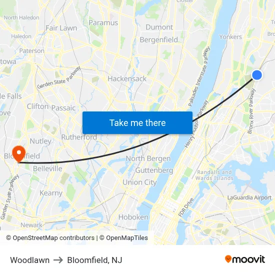 Woodlawn to Bloomfield, NJ map