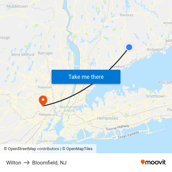 Wilton to Bloomfield, NJ map