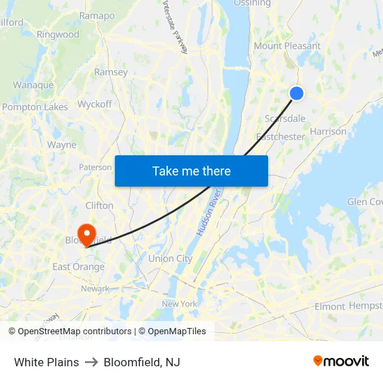 White Plains to Bloomfield, NJ map