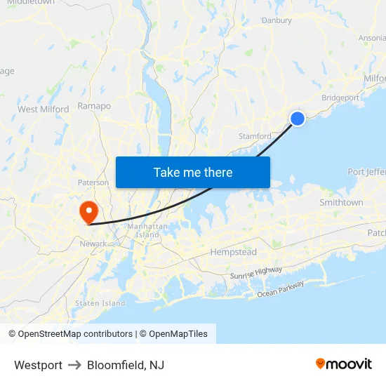 Westport to Bloomfield, NJ map