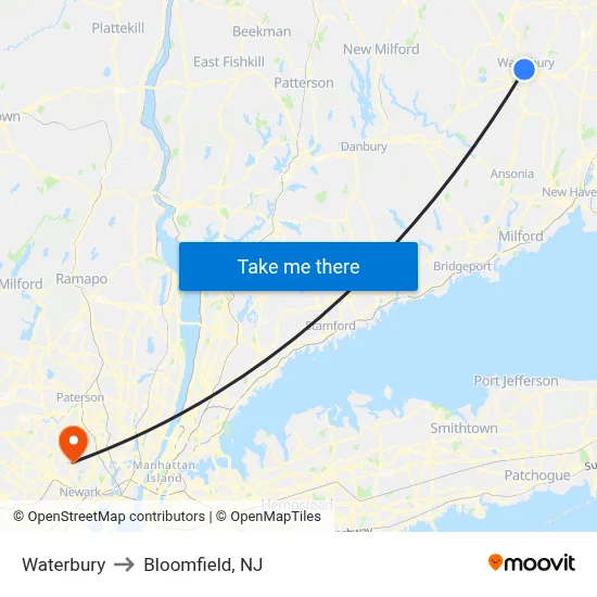 Waterbury to Bloomfield, NJ map