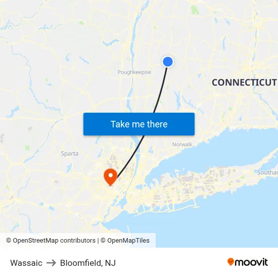 Wassaic to Bloomfield, NJ map