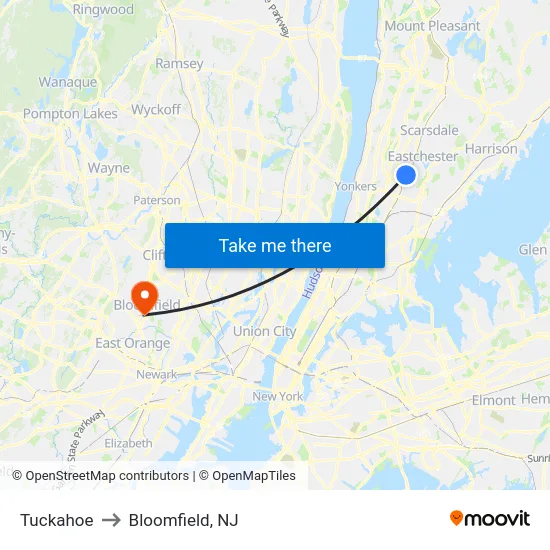 Tuckahoe to Bloomfield, NJ map