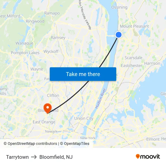 Tarrytown to Bloomfield, NJ map