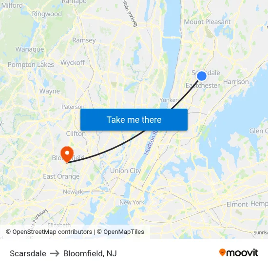 Scarsdale to Bloomfield, NJ map