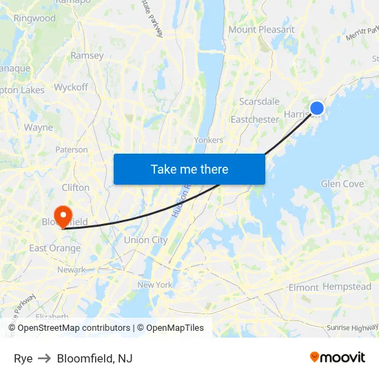 Rye to Bloomfield, NJ map