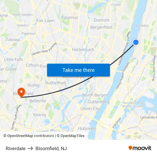Riverdale to Bloomfield, NJ map