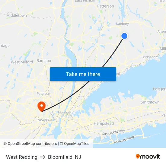 West Redding to Bloomfield, NJ map