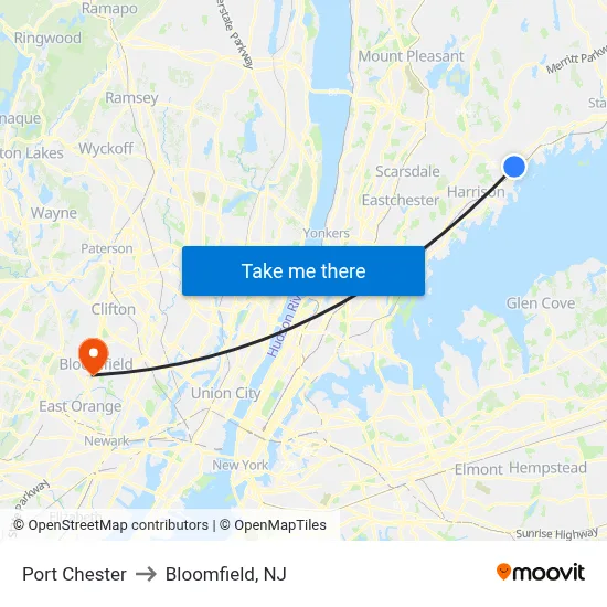 Port Chester to Bloomfield, NJ map
