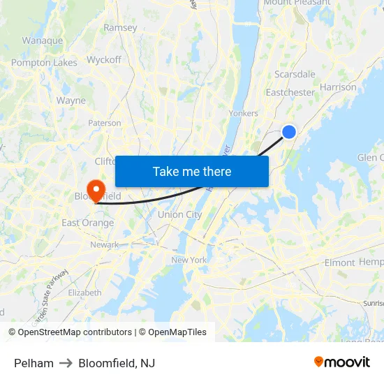 Pelham to Bloomfield, NJ map