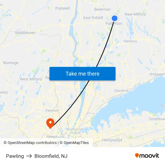 Pawling to Bloomfield, NJ map