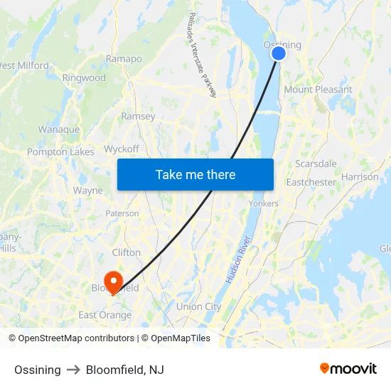 Ossining to Bloomfield, NJ map