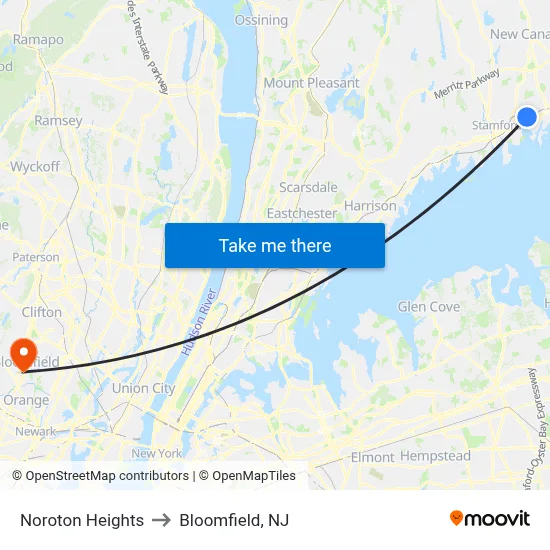 Noroton Heights to Bloomfield, NJ map