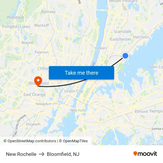 New Rochelle to Bloomfield, NJ map