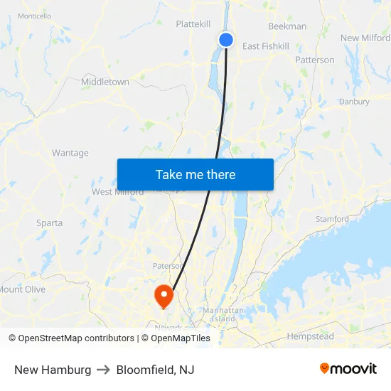 New Hamburg to Bloomfield, NJ map
