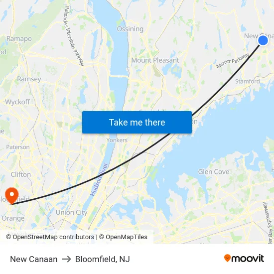 New Canaan to Bloomfield, NJ map