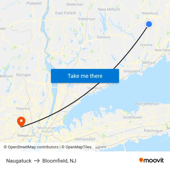 Naugatuck to Bloomfield, NJ map