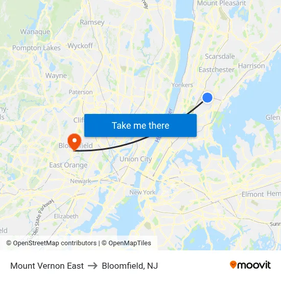 Mount Vernon East to Bloomfield, NJ map