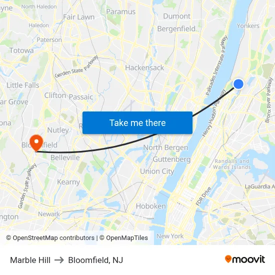 Marble Hill to Bloomfield, NJ map