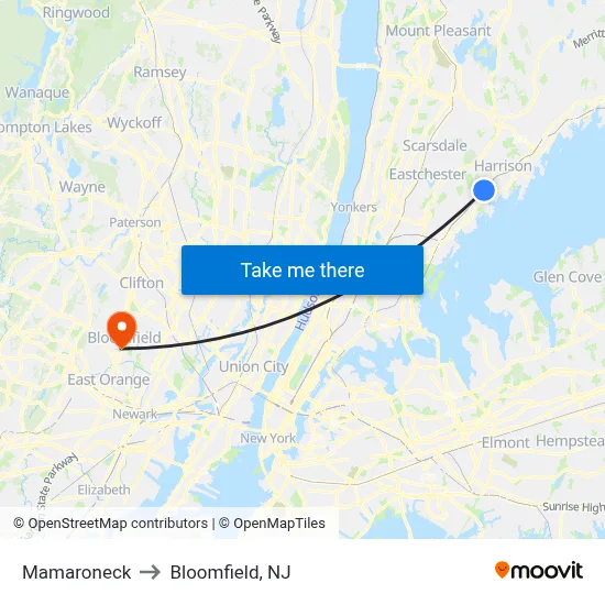 Mamaroneck to Bloomfield, NJ map