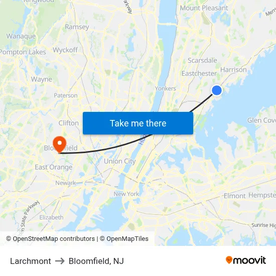 Larchmont to Bloomfield, NJ map