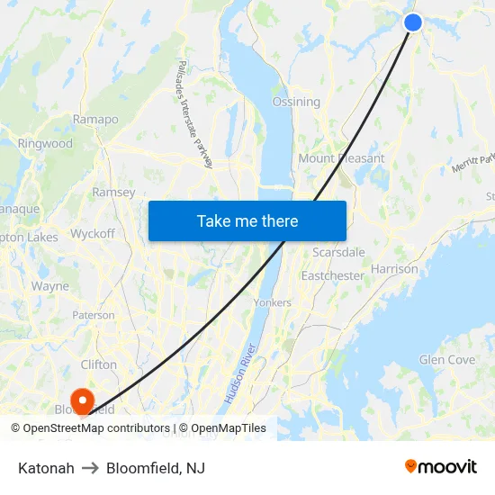 Katonah to Bloomfield, NJ map
