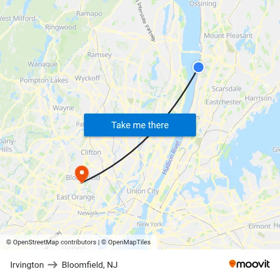 Irvington to Bloomfield, NJ map