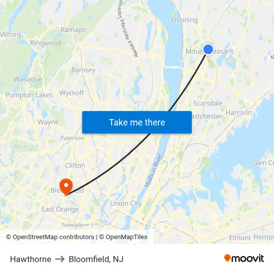 Hawthorne to Bloomfield, NJ map