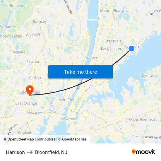 Harrison to Bloomfield, NJ map