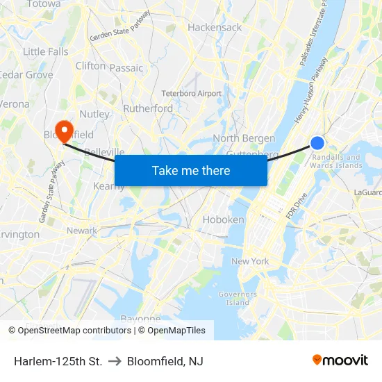 Harlem-125th St. to Bloomfield, NJ map
