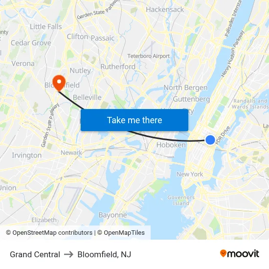 Grand Central to Bloomfield, NJ map