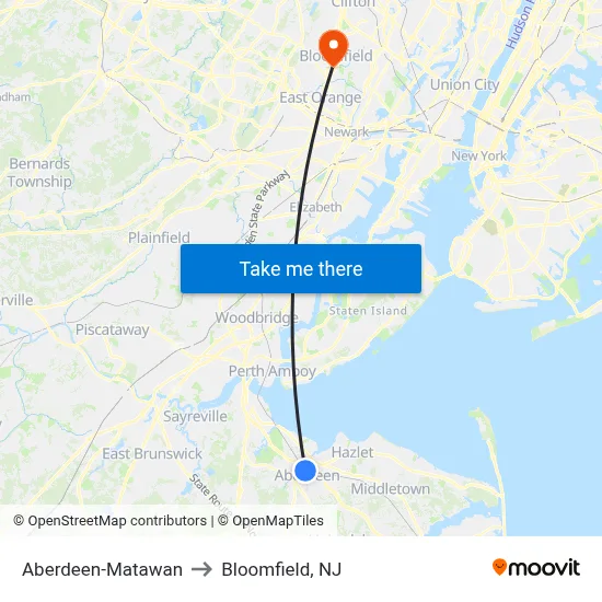 Aberdeen-Matawan to Bloomfield, NJ map