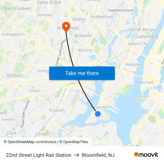 22nd Street Light Rail Station to Bloomfield, NJ map