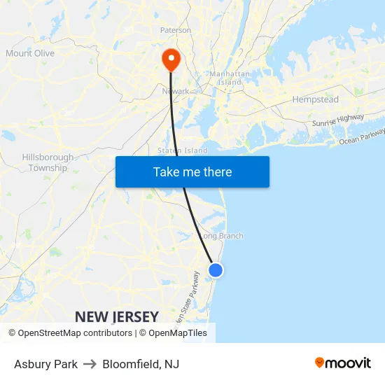 Asbury Park to Bloomfield, NJ map