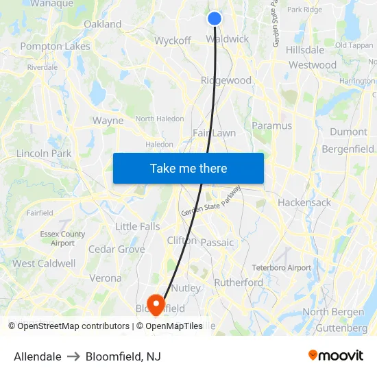 Allendale to Bloomfield, NJ map